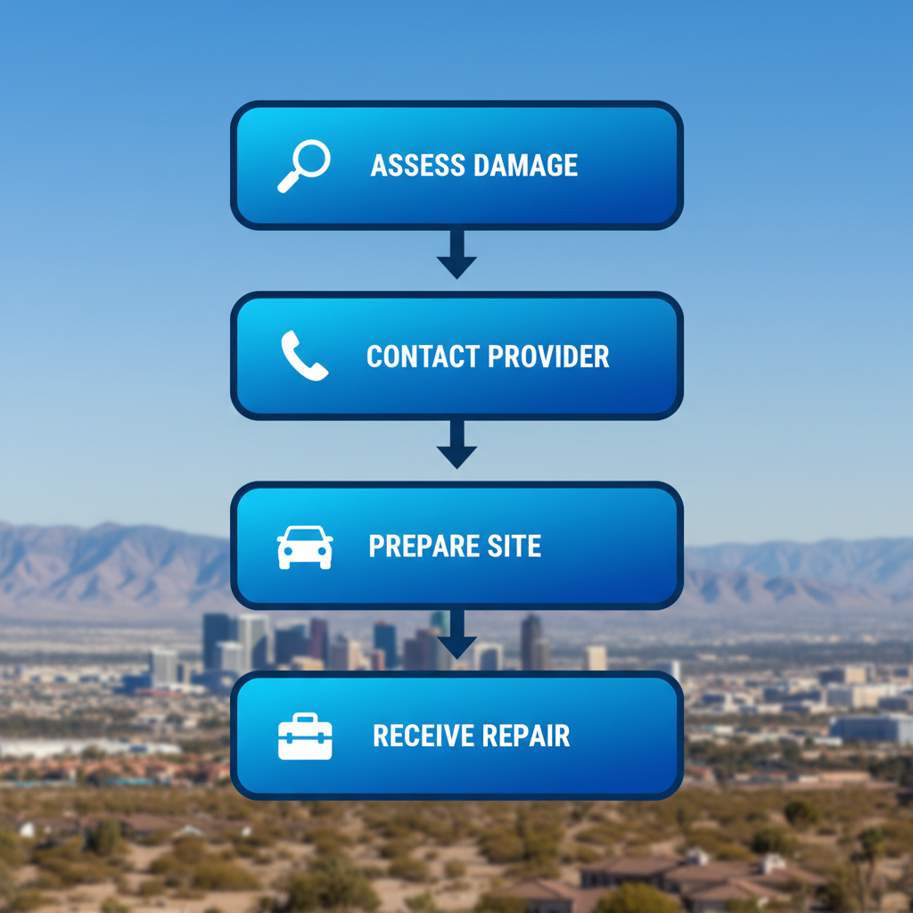 Vertical process flow diagram illustrating the four steps to start mobile vehicle window repair service including assessing damage, contacting provider, preparing site, and receiving on-site repair.