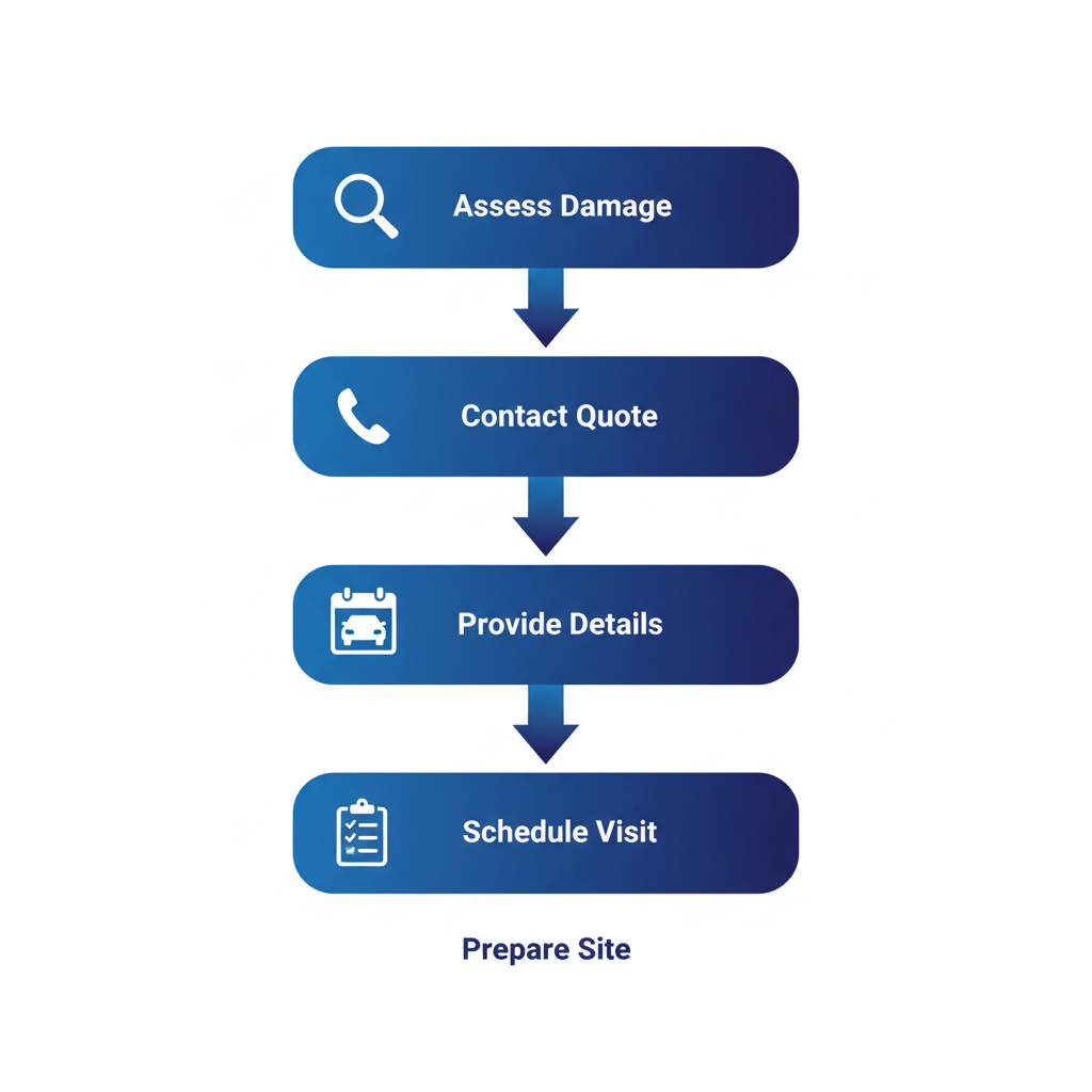 Vertical process flow diagram illustrating five steps to start auto glass repair: assess damage, contact for quote, provide vehicle details, schedule mobile visit, and prepare site with icons.