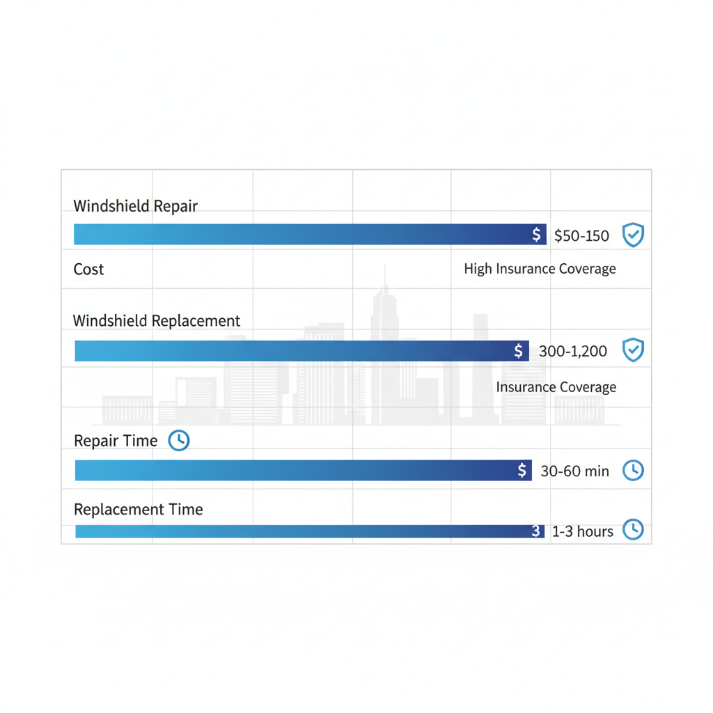 Horizontal bar chart comparing costs and timelines for auto glass repair and replacement in Las Vegas, including insurance coverage indicators