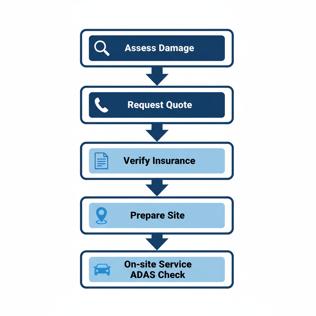 Vertical process flow diagram illustrating the five key steps for initiating auto glass repair services with Rebel Auto Glass in Las Vegas, featuring icons for assessment, quoting, insurance verification, site preparation, and on-site service.