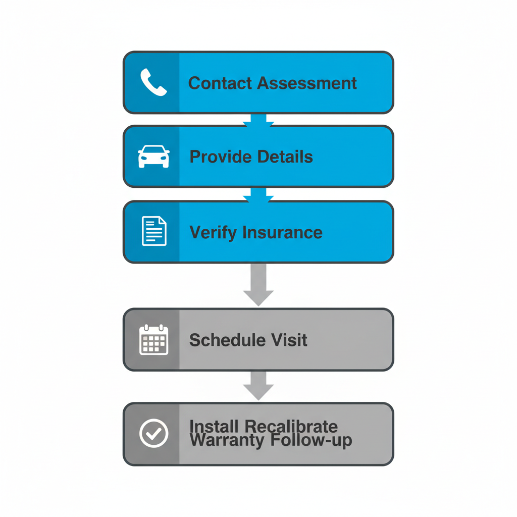 Vertical process flow diagram showing six steps to schedule mobile auto glass service in Pahrump with icons and labels.
