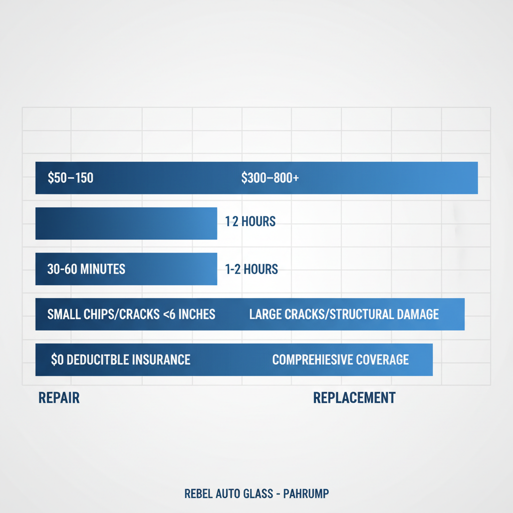 Horizontal bar chart comparing auto glass repair and replacement costs, times, and suitability in Pahrump
