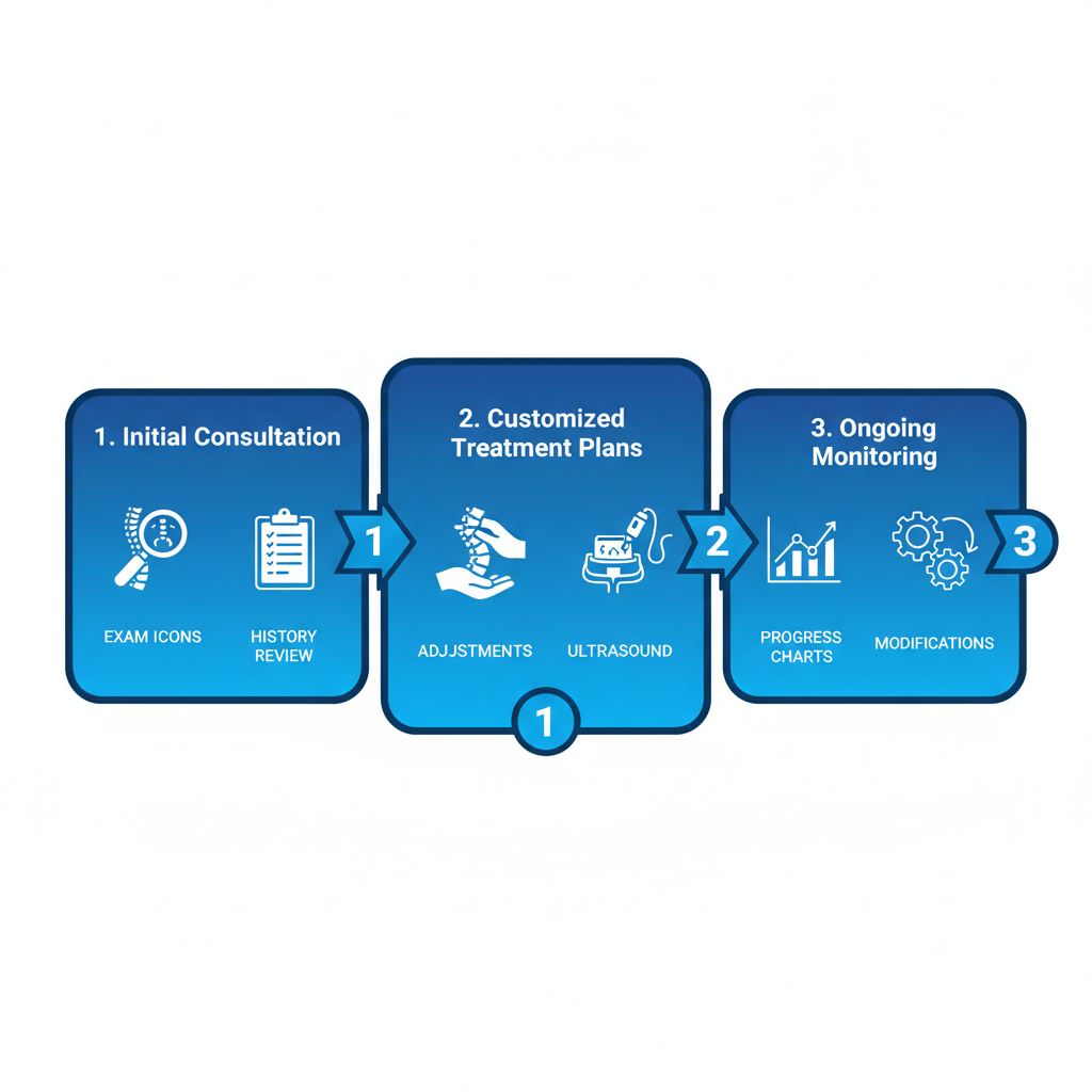 Horizontal process flow diagram illustrating chiropractic care stages under workers' compensation in Chicago: initial consultation, customized treatment plans, and ongoing monitoring.