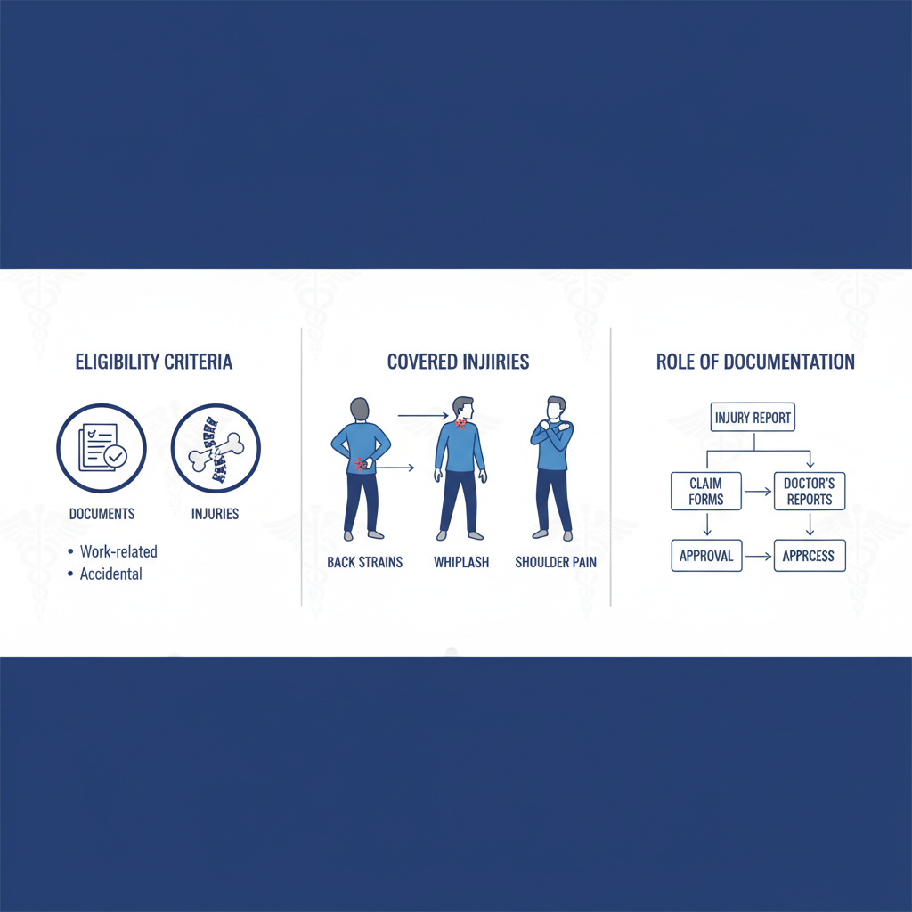 Infographic showing Illinois workers' compensation coverage for chiropractic care, including eligibility, injury types, and documentation process.