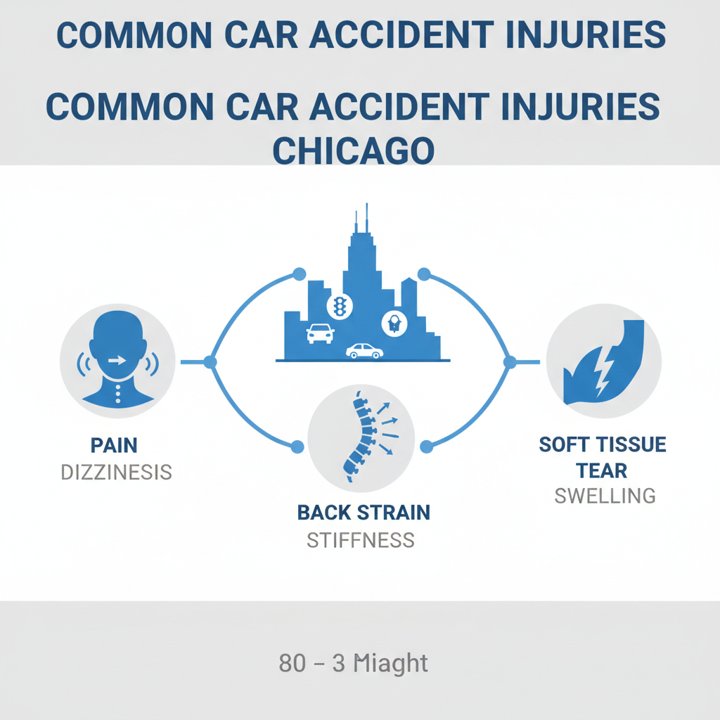 Infographic illustrating whiplash, back strain, and soft tissue damage from Chicago car accidents with icons and minimal symptom labels.