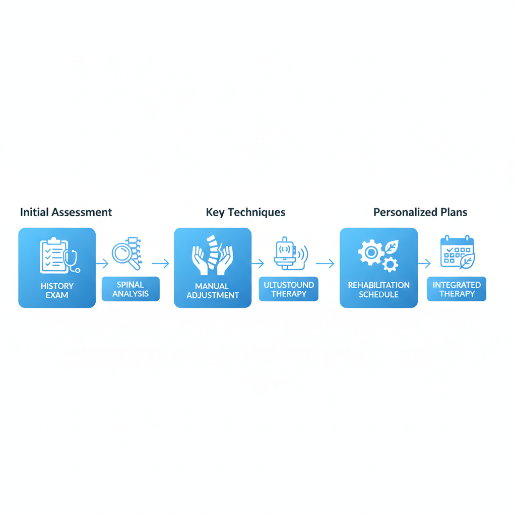 Horizontal process flow diagram illustrating chiropractic treatment stages for accident injuries