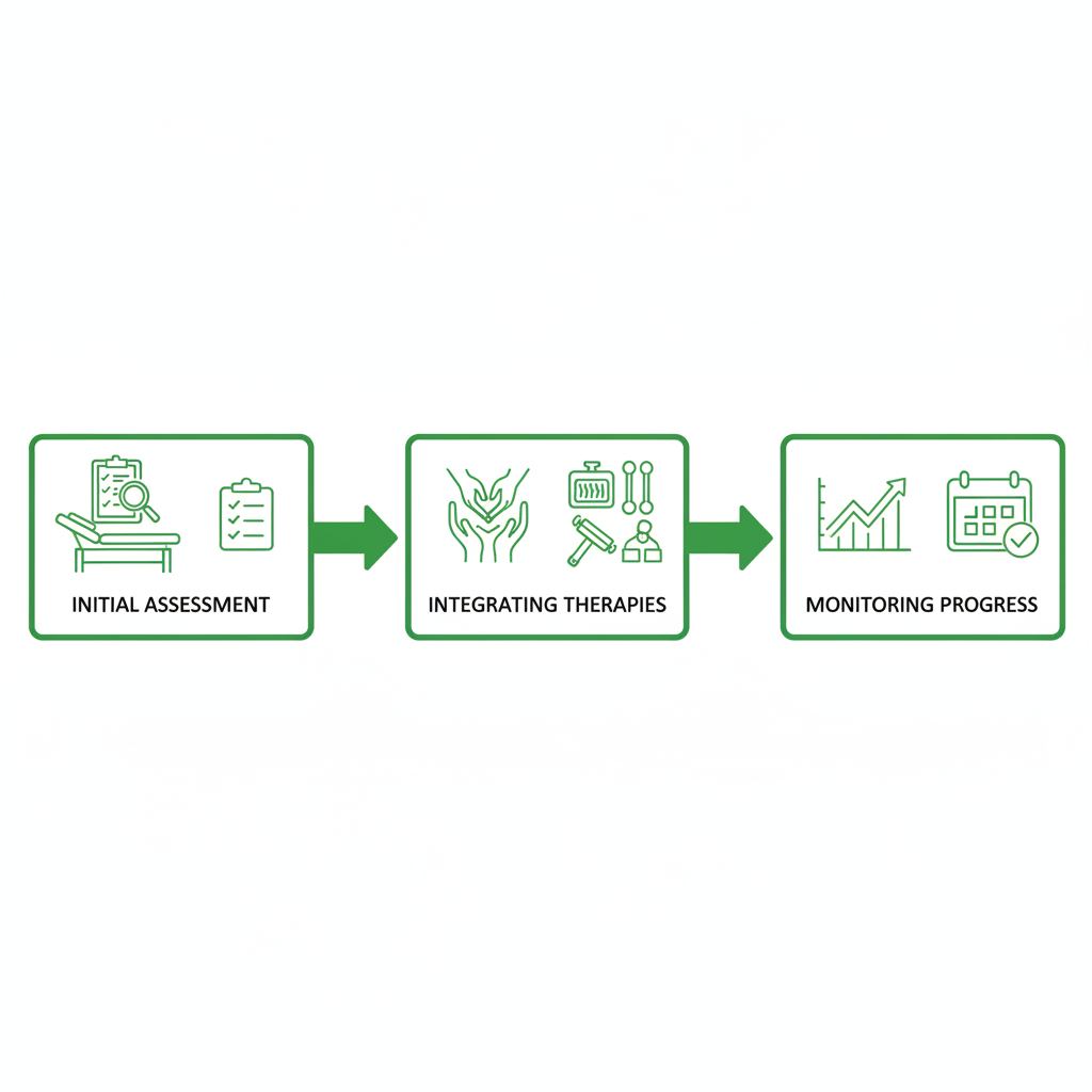 Horizontal process flow chart illustrating three stages of chiropractic treatment after a car accident: initial assessment, integrating therapies, and monitoring progress.