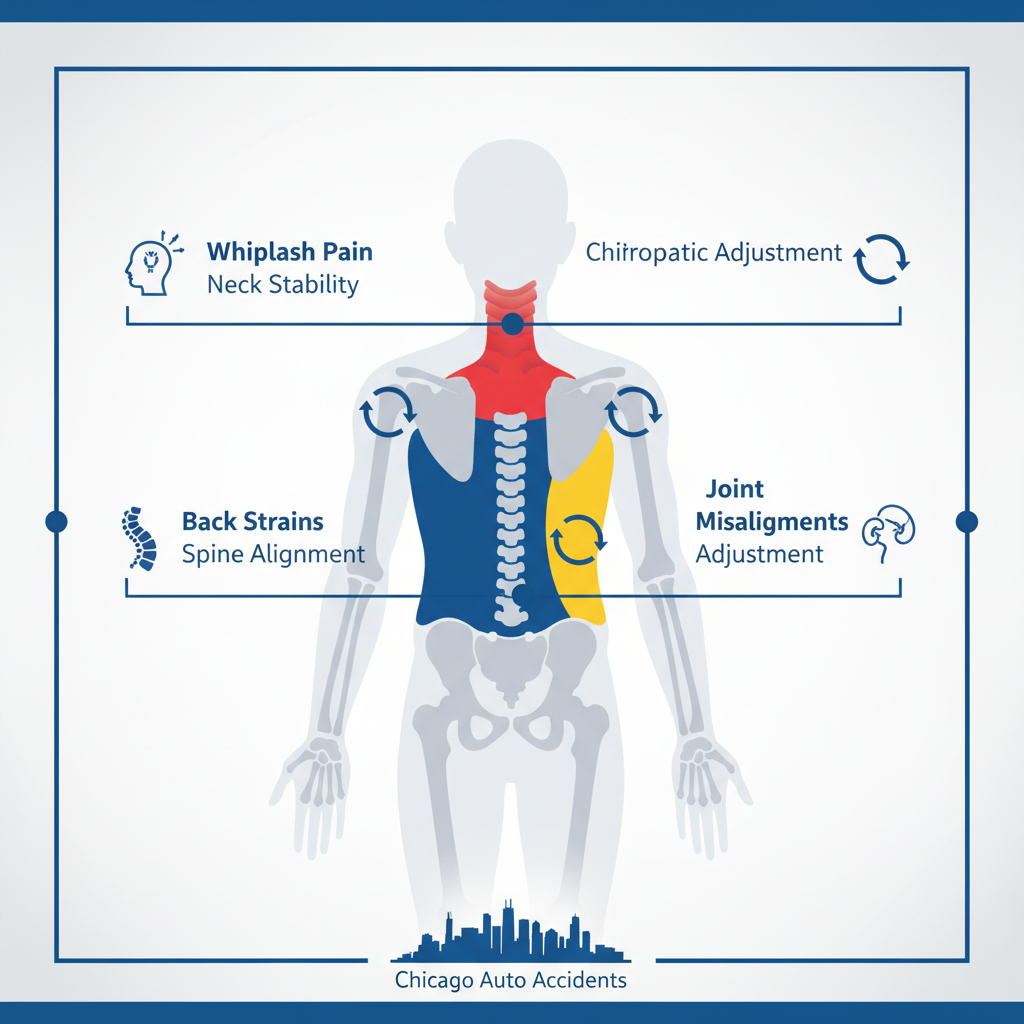 Infographic illustrating common car accident soft tissue injuries including whiplash, strains, and joint misalignments with chiropractic treatment highlights.