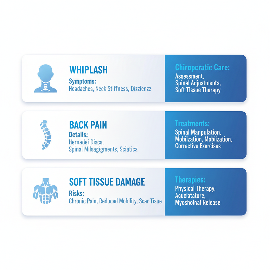 Infographic illustrating three common auto accident injuries: whiplash, back pain, and soft tissue damage, with chiropractic treatment insights.