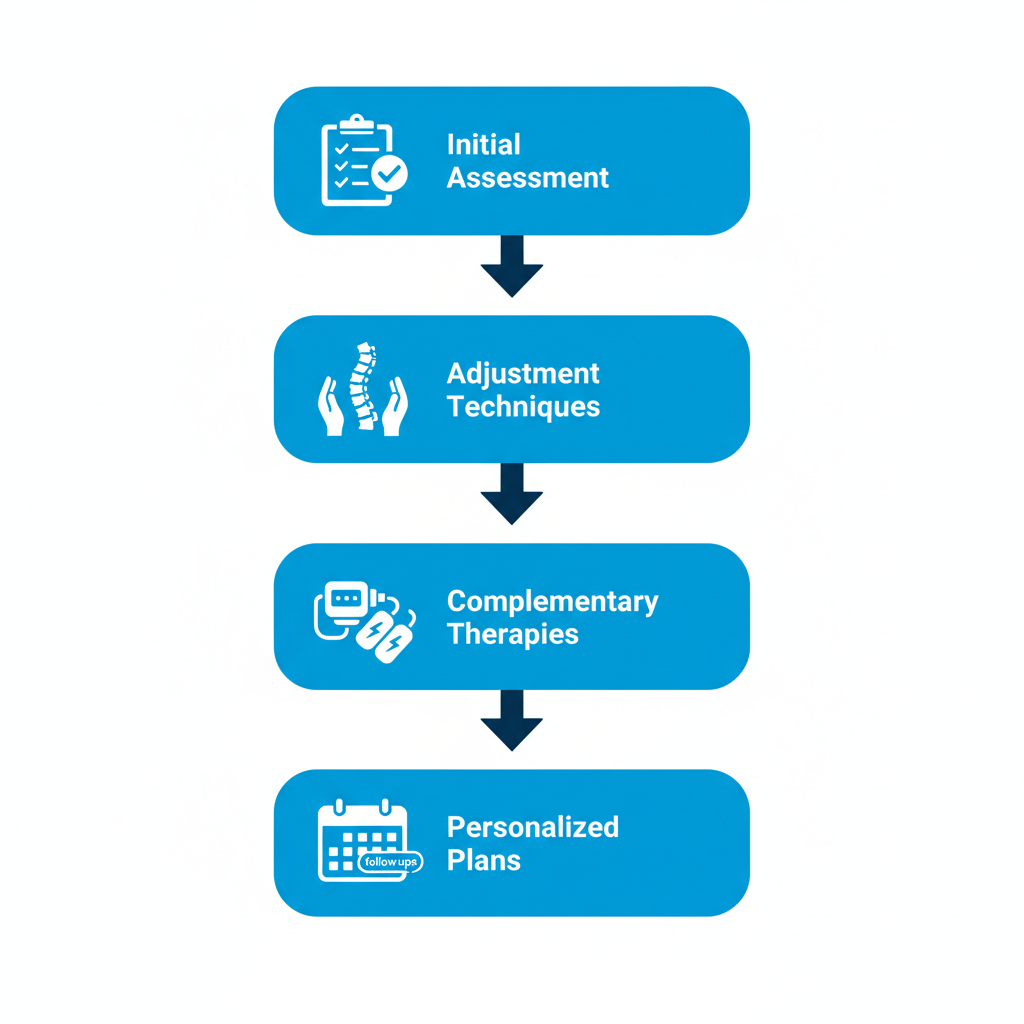 Vertical process flow diagram illustrating four steps of chiropractic treatment for auto injuries including whiplash diagnosis and adjustments.