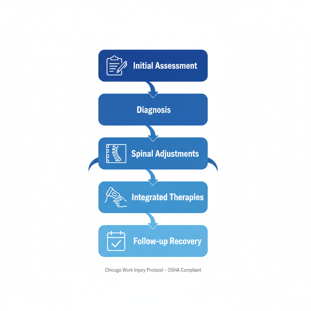 Vertical process flow diagram illustrating the five steps of chiropractic treatment for work-related injuries in Chicago