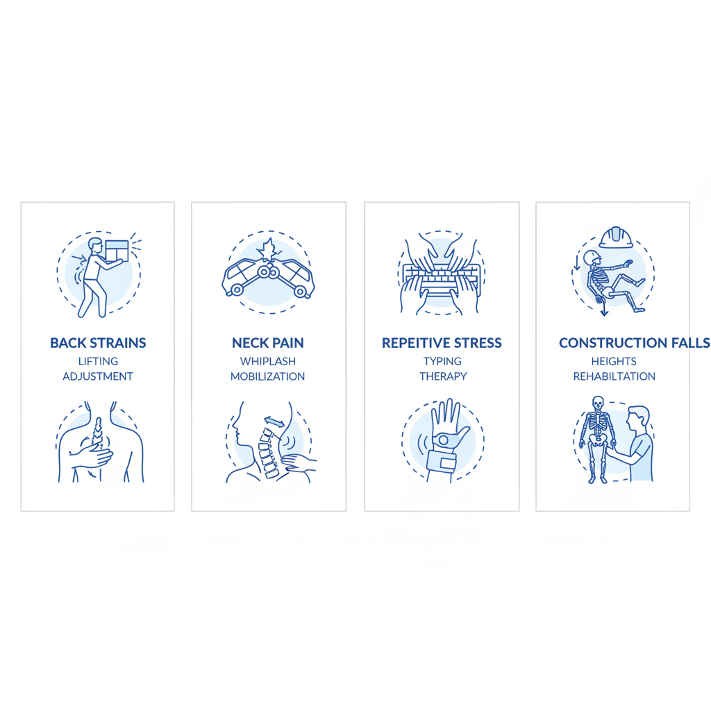 Infographic showing four common work injuries and chiropractic care options in Chicago