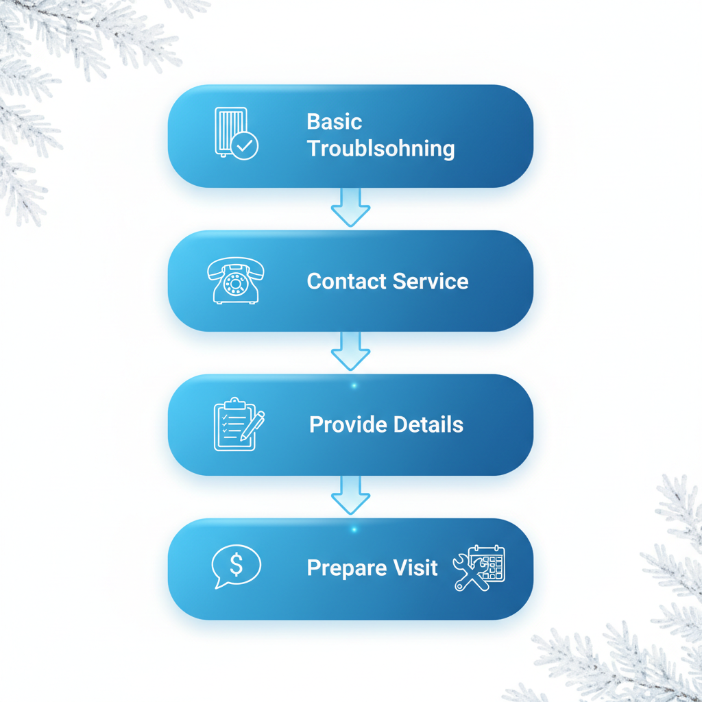 Vertical process flow diagram showing five steps to schedule furnace repair in Ham Lake: troubleshooting, contacting service, providing details, receiving quote, and preparing for visit.