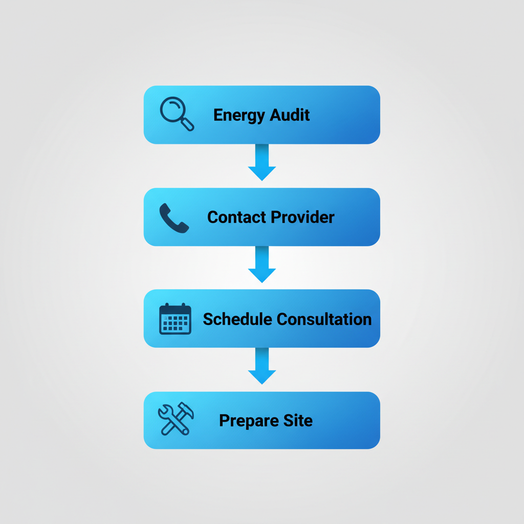 Vertical process flow illustrating four key steps for starting HVAC maintenance: energy audit, contact provider, schedule consultation, and site preparation.