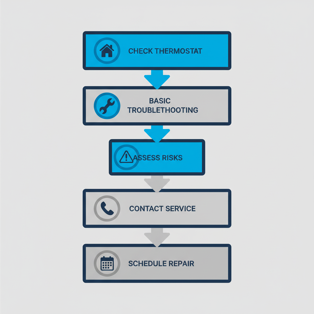 Vertical process flow diagram showing five steps to address furnace issues with icons: home, wrench, warning, phone, and calendar.
