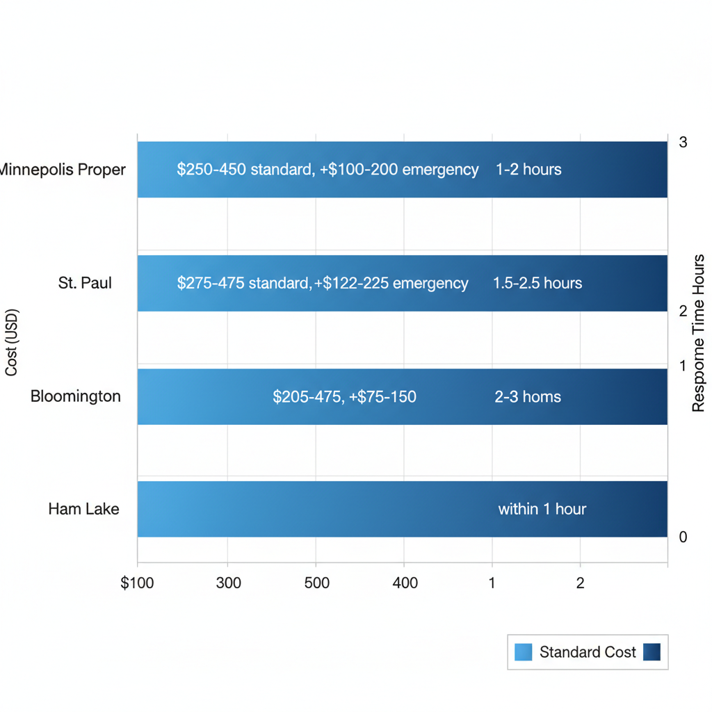 Bar chart comparing furnace repair costs and response times in Minneapolis suburbs including Ham Lake