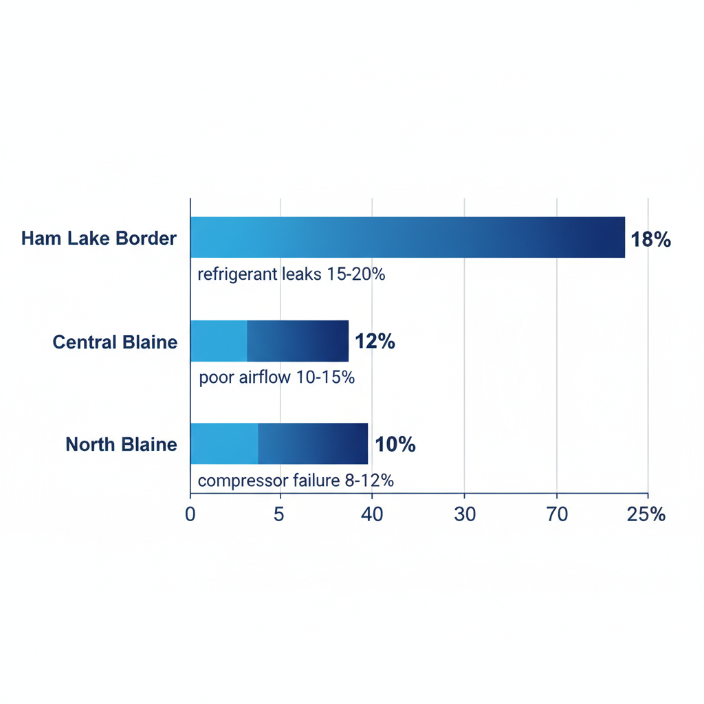 Horizontal bar chart showing common AC issues by frequency in Blaine neighborhoods: Ham Lake Border, Central Blaine, and North Blaine.