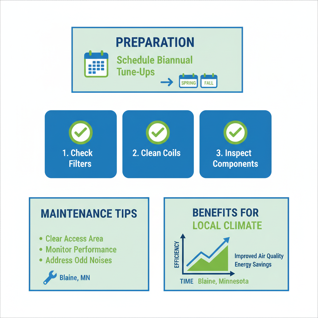 Infographic outlining steps for preparing AC maintenance in Blaine, including scheduling, checks, inspections, and efficiency tips