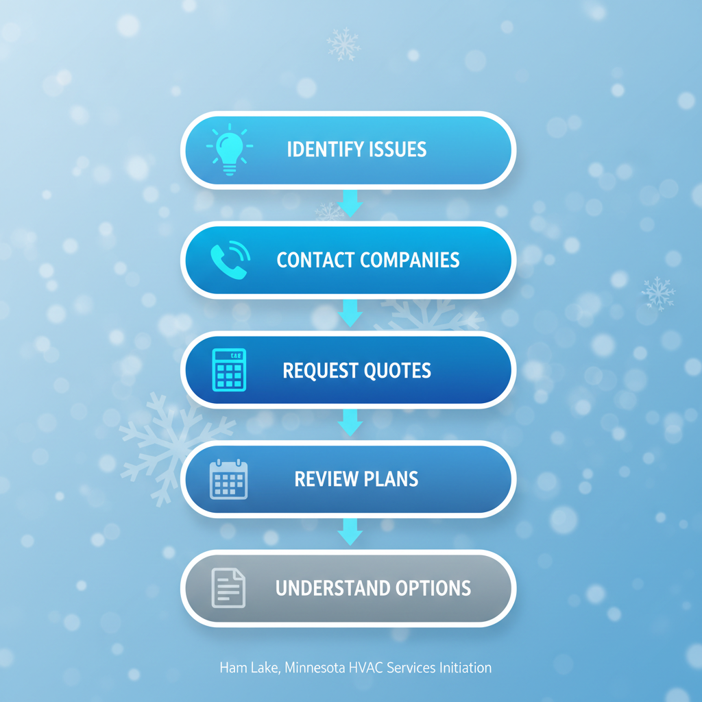 Vertical process flow diagram illustrating five steps to begin HVAC services in Ham Lake with icons and minimal labels