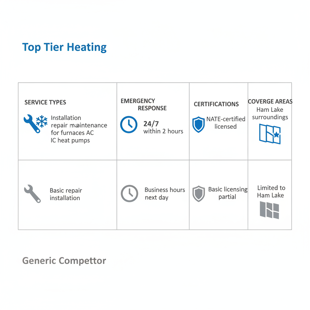 Infographic comparing Top Tier Heating and generic competitor HVAC services in Ham Lake area