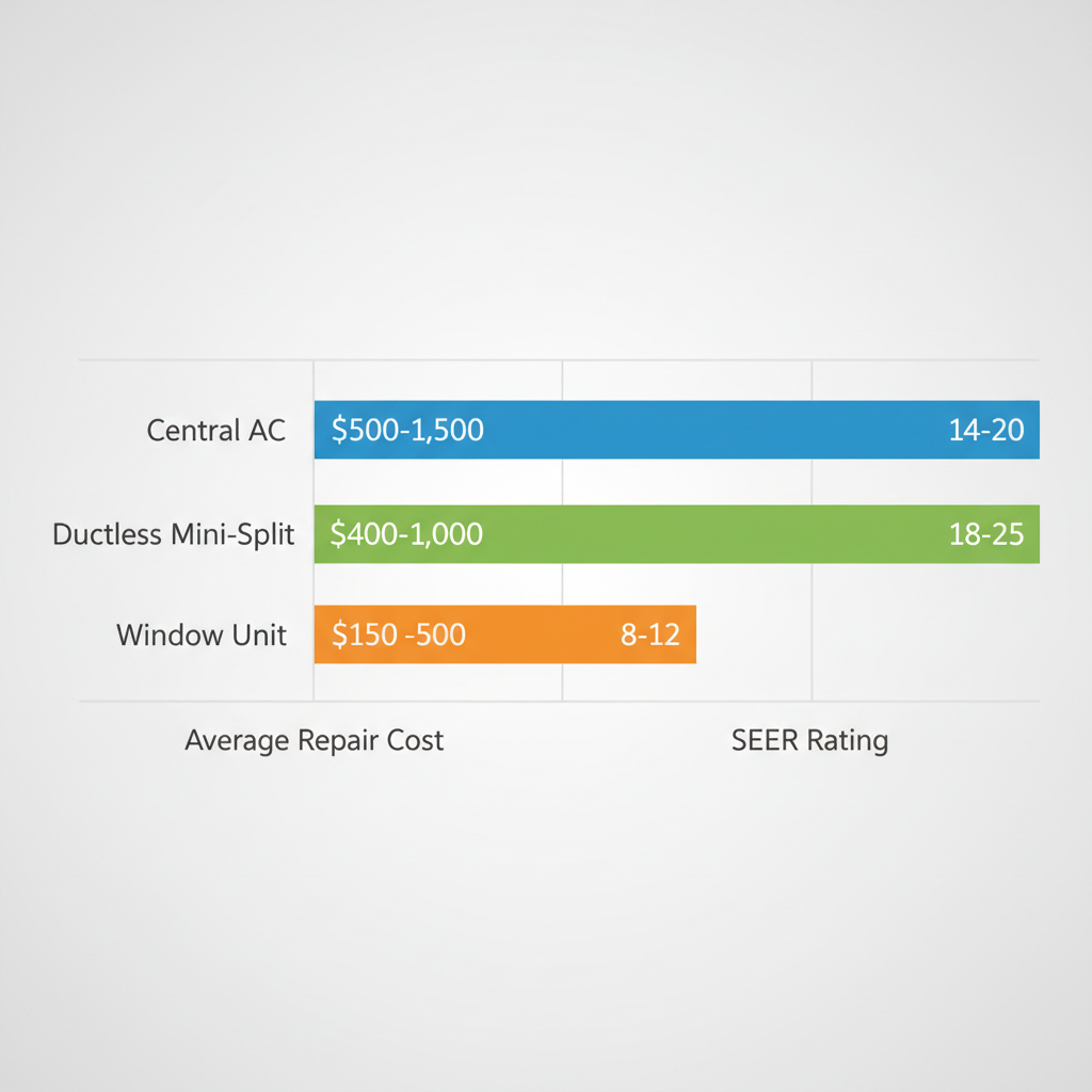 Horizontal bar chart comparing repair costs and SEER ratings of Central AC, Ductless Mini-Split, and Window Unit systems for Ham Lake homes