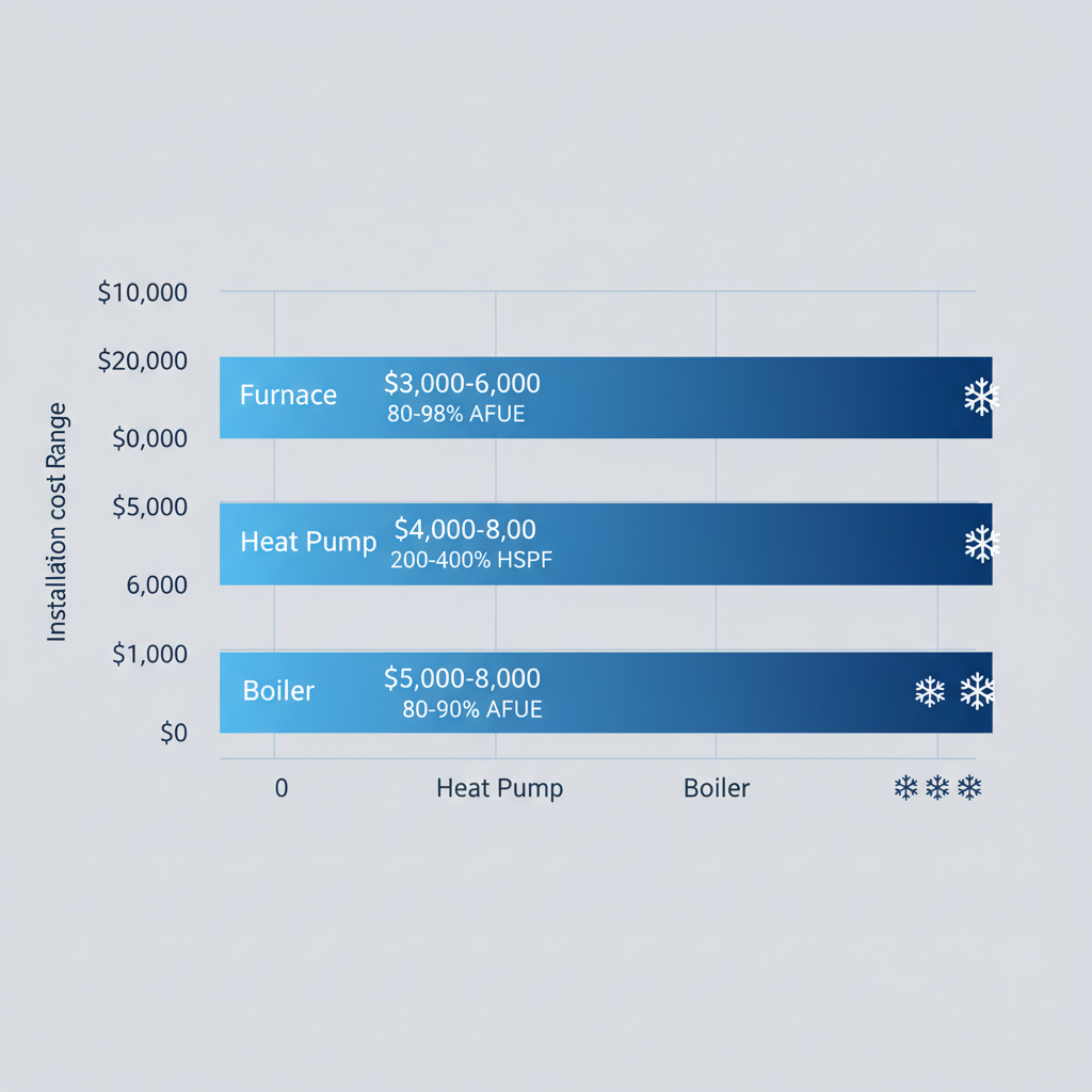 Horizontal bar chart showing cost and efficiency comparison of furnace, heat pump, and boiler for Blaine winters