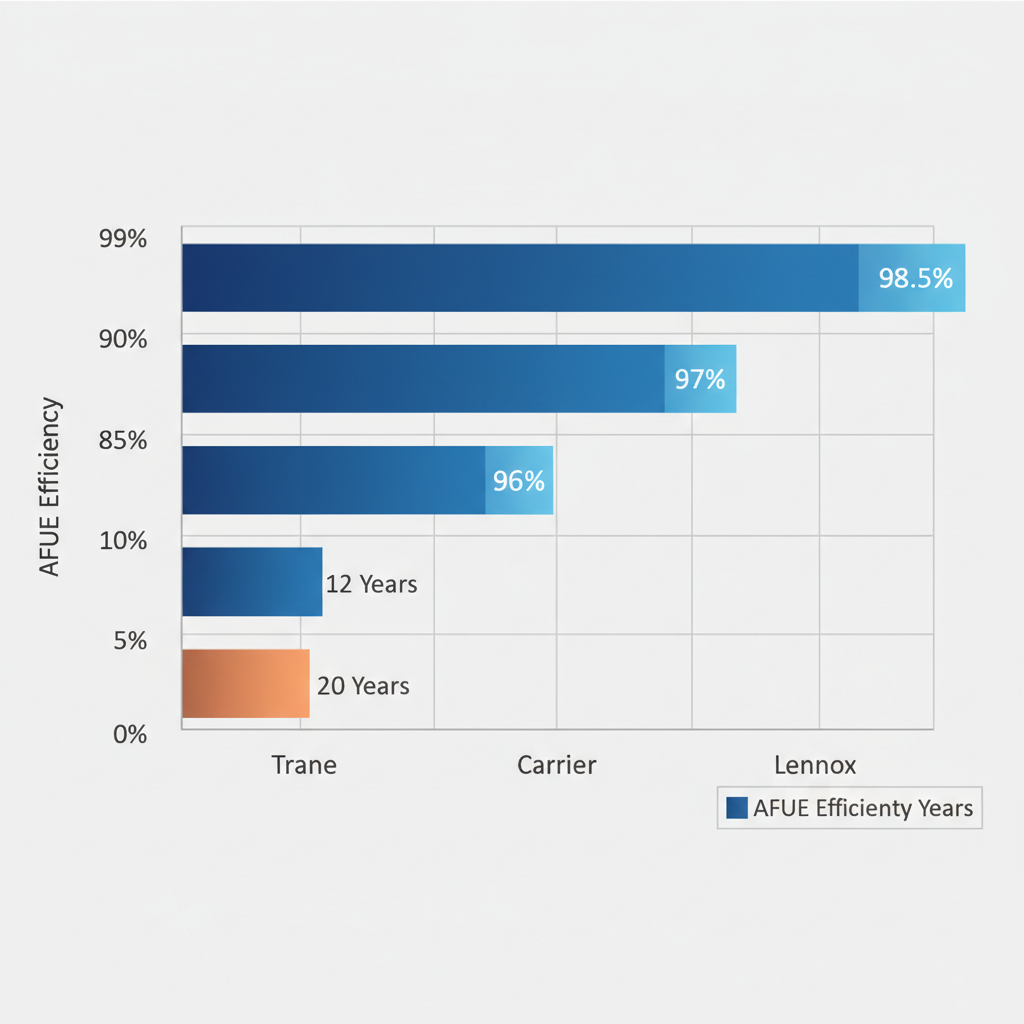 Horizontal bar chart comparing AFUE efficiency ratings and warranty years for Trane, Carrier, and Lennox furnace brands suitable for Minneapolis homes.