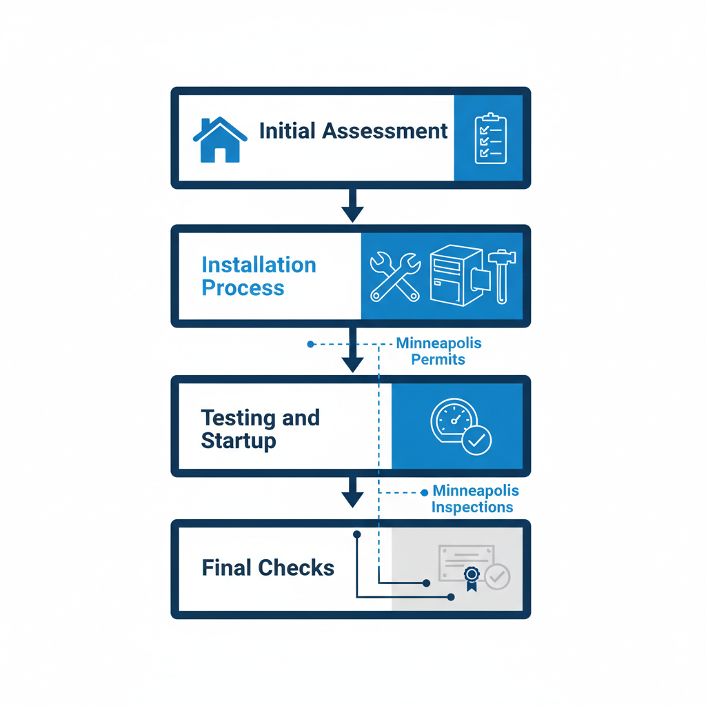 Vertical process flow diagram illustrating the four stages of furnace installation in Minneapolis: initial assessment, installation process, testing and startup, and final checks.