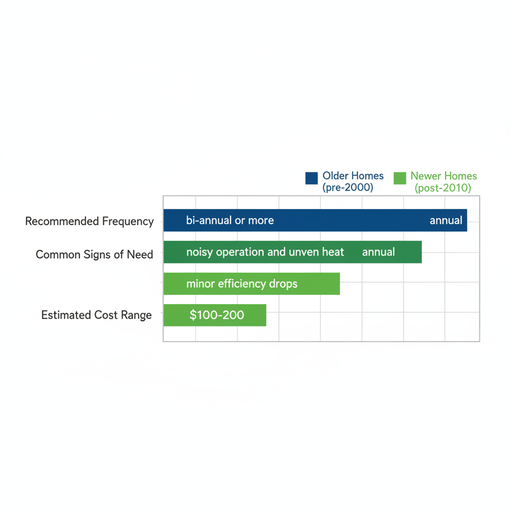 Horizontal bar chart comparing furnace maintenance needs for older and newer homes in Andover, showing frequency, signs, and costs.