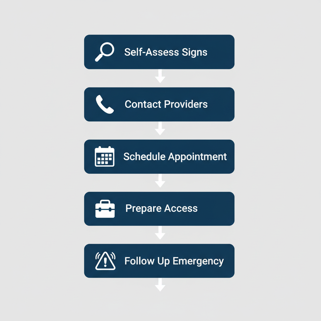 Vertical process flow diagram illustrating five steps to start furnace maintenance in Andover, Minnesota: self-assess for signs, contact providers, schedule before November, prepare access, and follow up on emergencies.