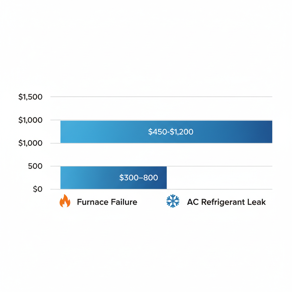 Horizontal bar chart of common HVAC issues in Blaine: Furnace Failure costing $300-$800 and AC Refrigerant Leak costing $450-$1,200, with icons and grid lines.