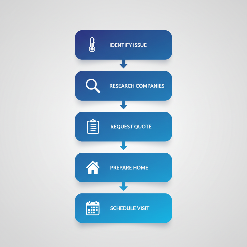 Vertical process flow diagram showing five steps to start HVAC repair in Blaine with icons and labels