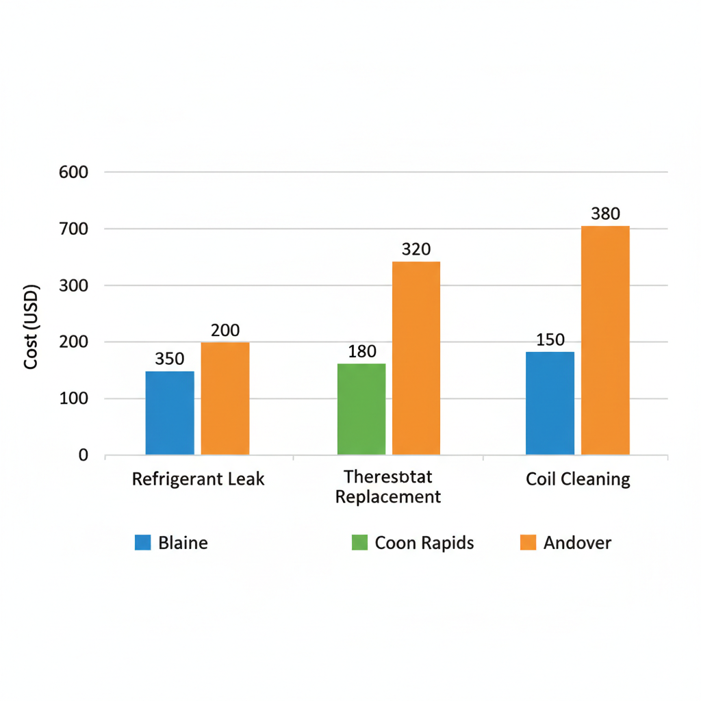 Horizontal bar chart comparing heat pump repair costs for refrigerant leak, thermostat replacement, and coil cleaning across Blaine, Coon Rapids, and Andover cities.