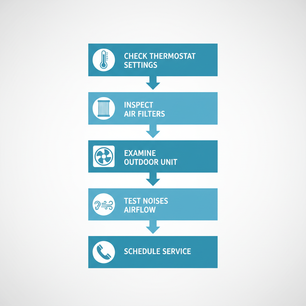 Vertical diagram illustrating five sequential troubleshooting steps for heat pumps in home settings