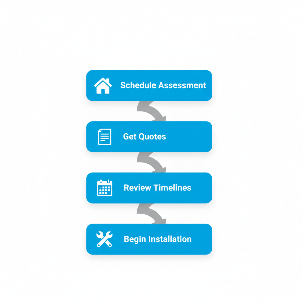 Vertical process flow illustrating four steps for initiating heating installation in Blaine with icons and minimal labels