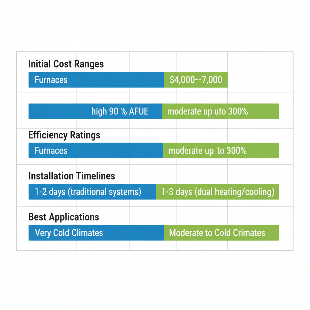 Horizontal bar chart comparing furnaces and heat pumps on cost, efficiency, installation, and suitability for cold Blaine winters