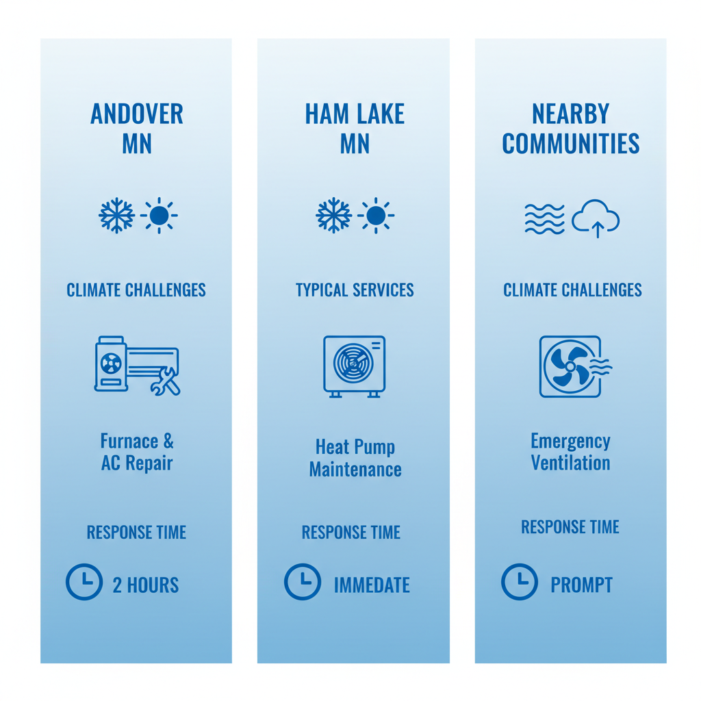 Infographic comparing HVAC services in Andover, Ham Lake, and nearby Minnesota communities with icons for climate, services, and response times.