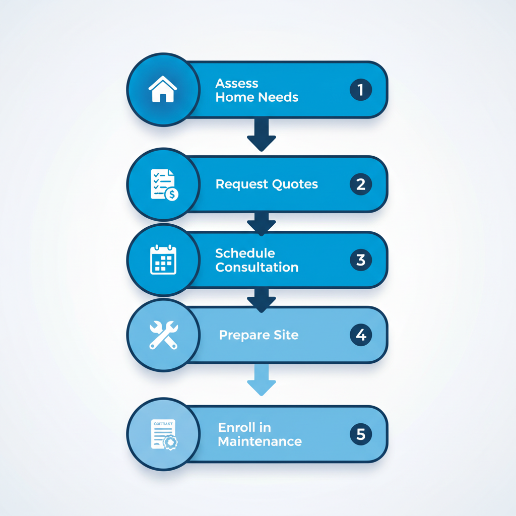 Vertical process flow diagram showing five steps to engage HVAC services in Andover: assess needs, request quotes, schedule consultation, prepare site, enroll in maintenance.