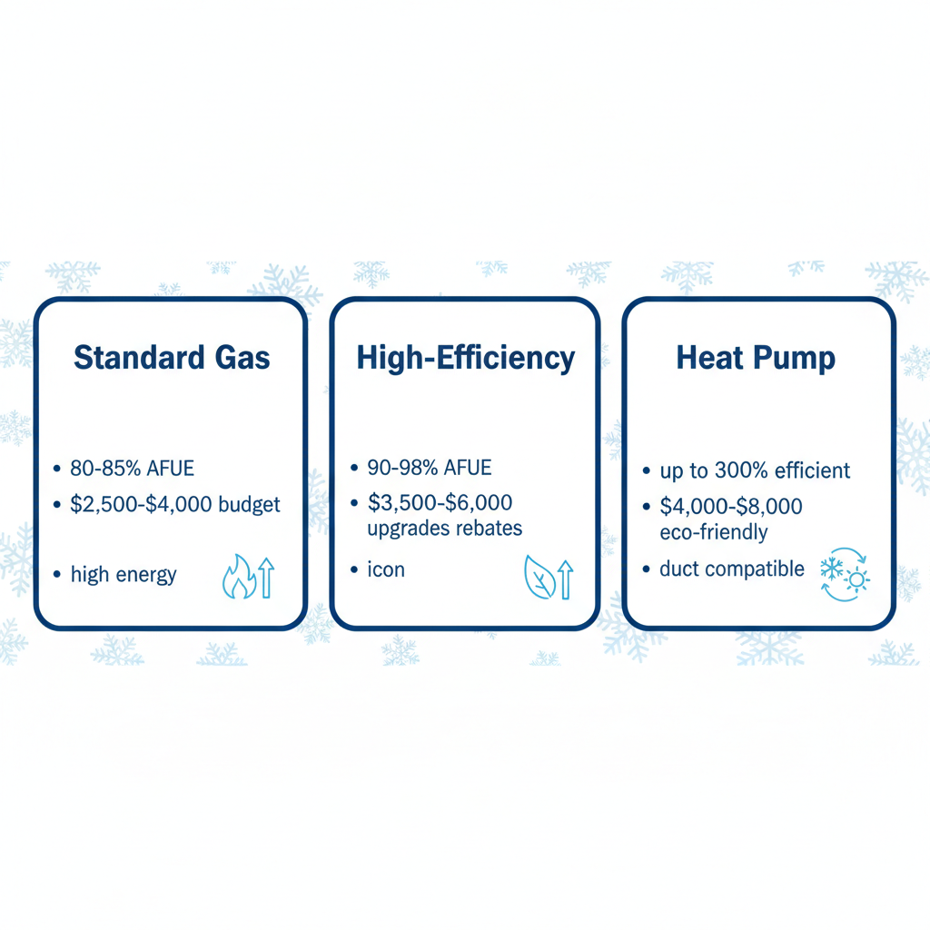 Infographic comparing standard gas furnace, high-efficiency gas furnace, and heat pump hybrid for Minneapolis homes, showing efficiency ratings, costs, and features with blue theme.