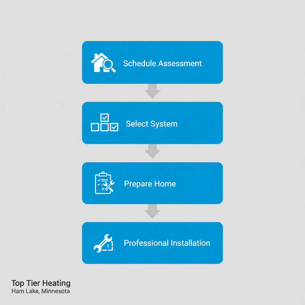 Vertical process flow diagram showing four steps for furnace replacement: scheduling assessment, selecting system, preparing home, and installation.