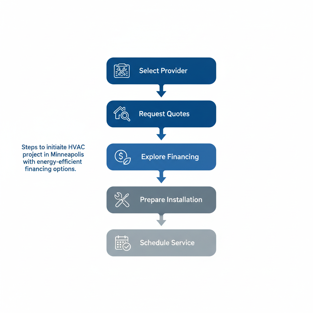 Vertical process flow diagram illustrating five steps to start an HVAC project: selecting a provider, requesting quotes, exploring financing, preparing for installation, and scheduling service.