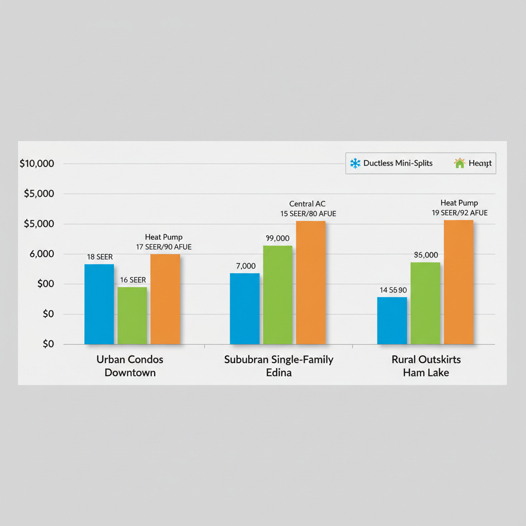 Bar chart comparing HVAC system costs and efficiency ratings across different Minneapolis neighborhood types, highlighting suitability for urban, suburban, and rural areas per EPA standards.