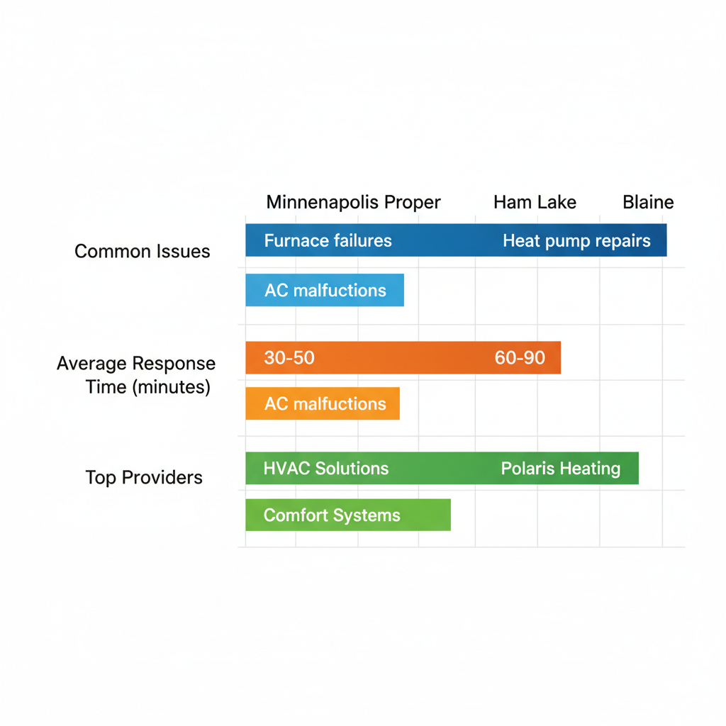 Horizontal bar chart comparing HVAC repair common issues, response times, and top providers in Minneapolis Proper, Ham Lake, and Blaine areas