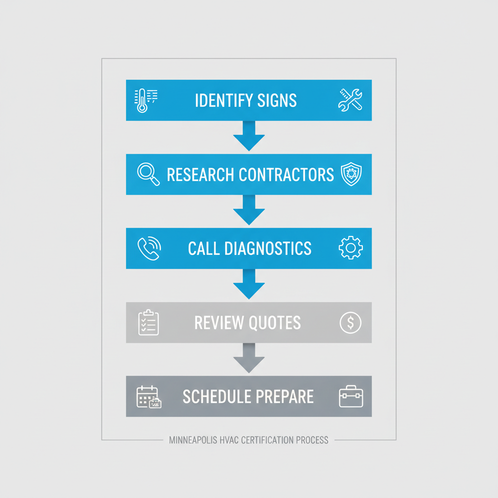 Vertical process flow diagram illustrating five steps for HVAC repair in Minneapolis: identify signs, research contractors, call for diagnostics, review quotes, and schedule and prepare.