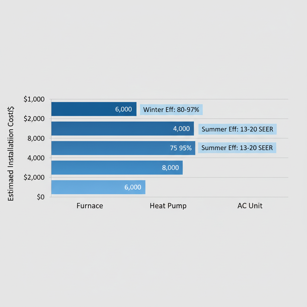 Horizontal bar chart comparing installation costs and efficiency of furnace, heat pump, and AC unit for Andover's climate