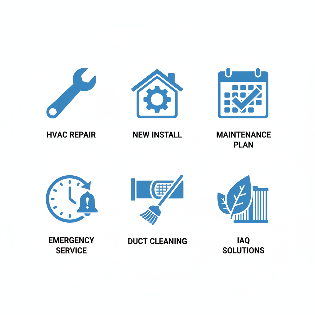 Grid of six icons depicting HVAC services: repair with wrench, installation with house and gear, maintenance with calendar check, emergency with clock alert, duct cleaning with broom in vents, IAQ solutions with leaf filter.