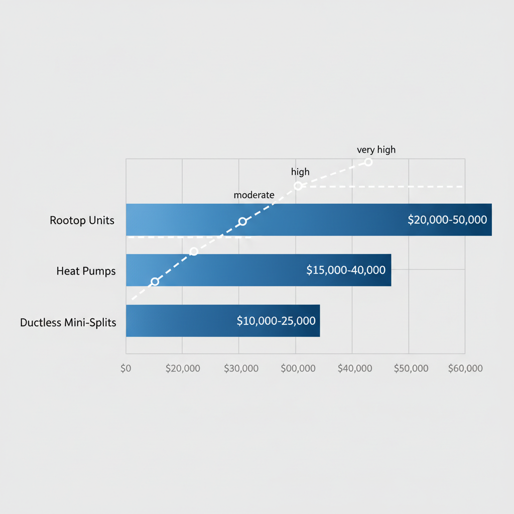 Bar chart comparing cost ranges and efficiency ratings for commercial HVAC systems in Minneapolis: rooftop units, heat pumps, and ductless mini-splits.