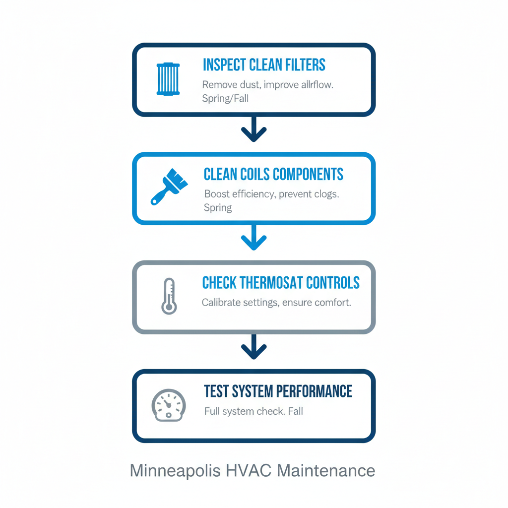 Vertical process flow diagram of four steps in commercial HVAC maintenance for Minneapolis, including filter inspection, coil cleaning, thermostat checking, and system testing with icons.