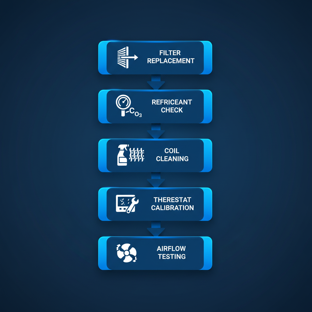 Vertical process flow diagram illustrating the five steps of a professional AC tune-up: filter replacement, refrigerant level checks, coil cleaning, thermostat calibration, and airflow testing.