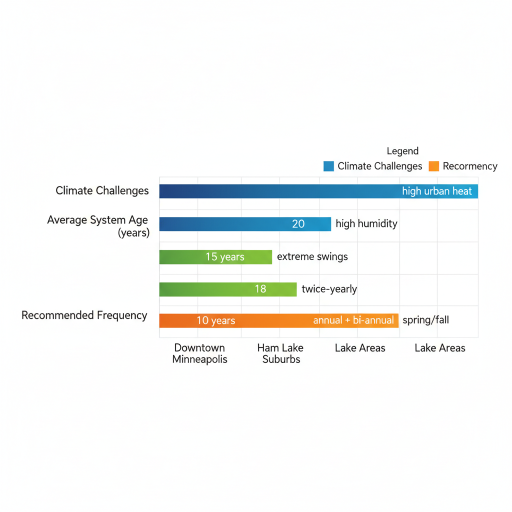 Horizontal bar chart comparing AC maintenance needs across Minneapolis neighborhoods including climate challenges, system ages, and recommended frequencies